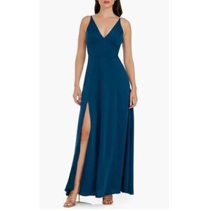 Dress The Population Iris Slit Crepe Gown In Peacock Blue/Teal size XL